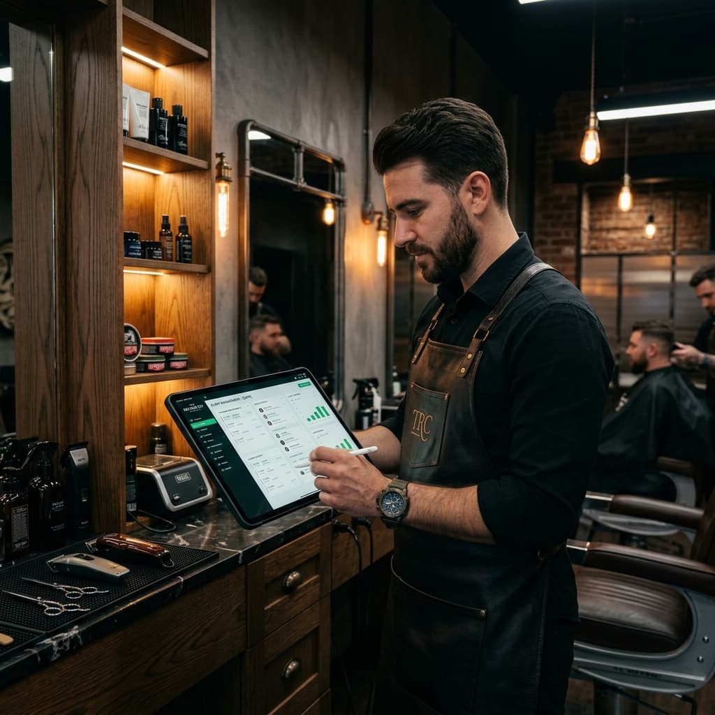 Barber using YourBarber app on iPad