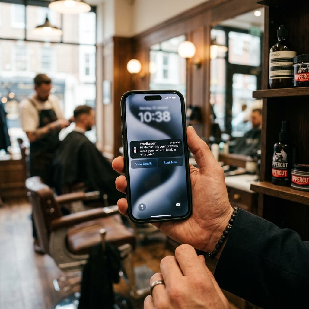 Reminder text message preview for a barber customer returning for their next trim
