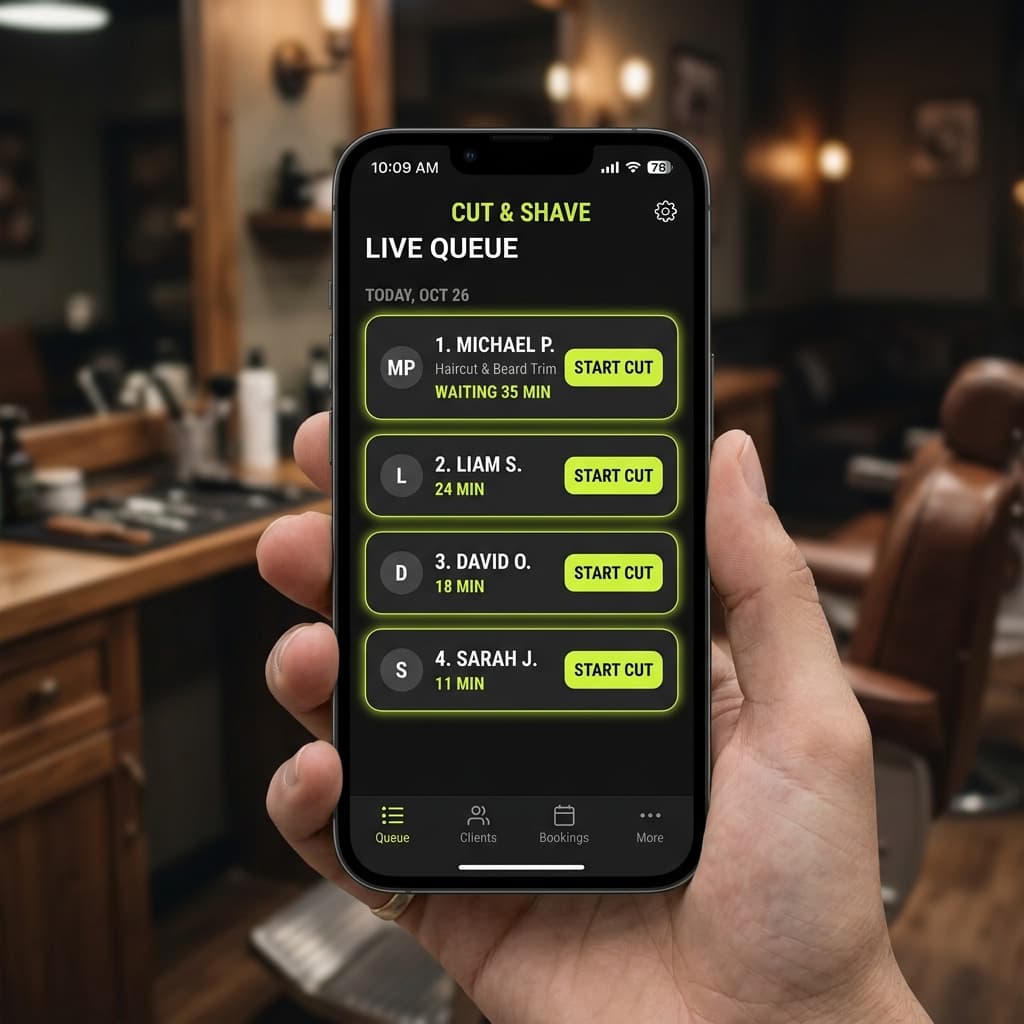 Barber mode showing the live queue and client cut history on a phone in a barbershop