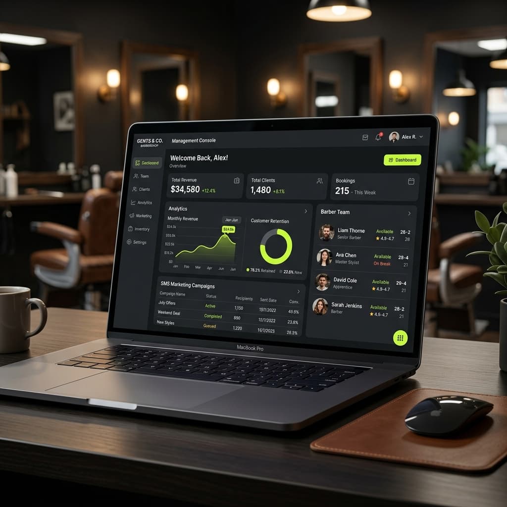 Owner dashboard on a laptop in a barbershop