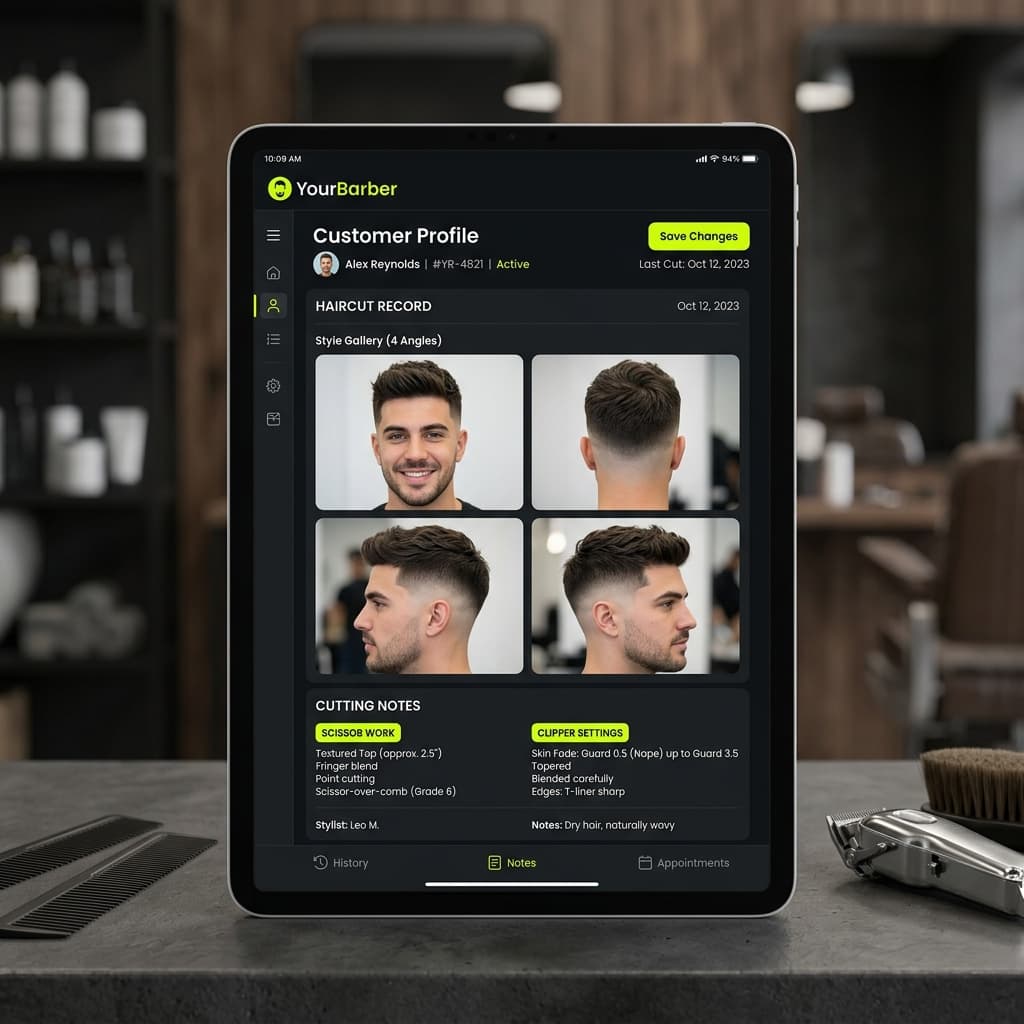 Cut Passport preview showing haircut notes and photos on a tablet in a barbershop
